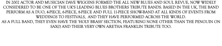 IN 2002 ACTOR AND MUSICIAN DAVE WIGGINS FORMED THE ALL NEW BLUES AND SOUL REVUE, NOW WIDELY CONSIDERED TO BE ONE OF THE UK'S LEADING BLUES BROTHERS TRIBUTE BANDS. BASED IN THE UK, THE BAND PERFORM AS A DUO, 4-PIECE, 6-PIECE, 8-PIECE AND FULL 11-PIECE SHOW-BAND AT ALL KINDS OF EVENTS FROM WEDDINGS TO FESTIVALS, AND THEY HAVE PERFORMED ACROSS THE WORLD. AS A FULL BAND, THEY EVEN HAVE THE 'HOLY BRASS' SECTION, FEATURING NONE OTHER THAN THE PENGUIN ON SAX(!) AND THEIR VERY OWN ARETHA FRANKLIN TRIBUTE TOO. PERFECT FOR CORPORATE EVENTS, FESTIVALS, THEATRES, WEDDINGS AND THEMED EVENTS. 